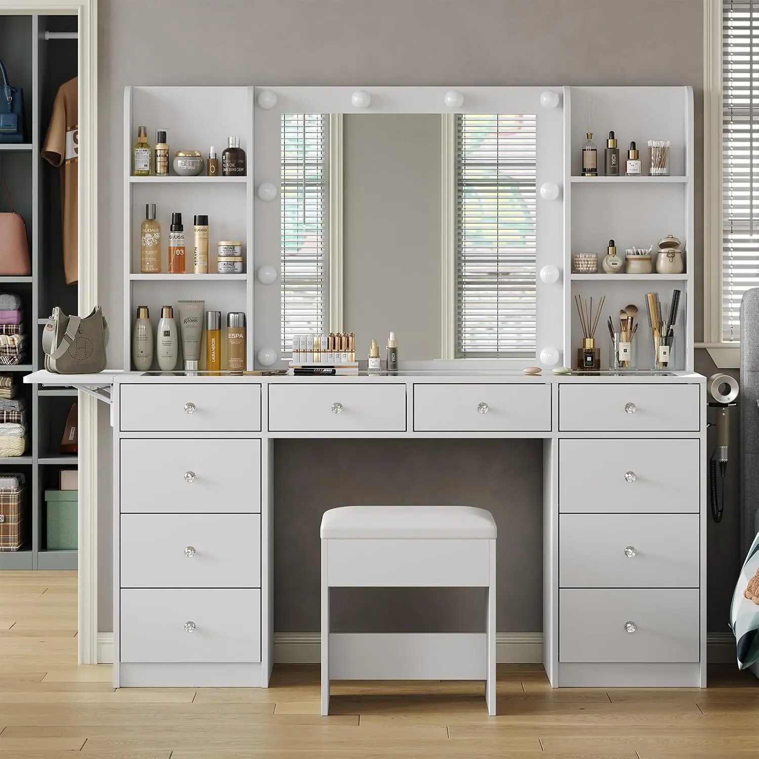 FUSOU 55"W Vanity with Power Outlet, Vanity Desk with Mirror and 10 LED Lights, 10 Drawers Makeup Vanity with 6 Shelves, Fold-up Panel, Vanity Table with Chair for Bedroom,Deals For You Days