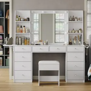 FUSOU 55"W Vanity with Power Outlet, Vanity Desk with Mirror and 10 LED Lights, 10 Drawers Makeup Vanity with 6 Shelves, Fold-up Panel, Vanity Table with Chair for Bedroom