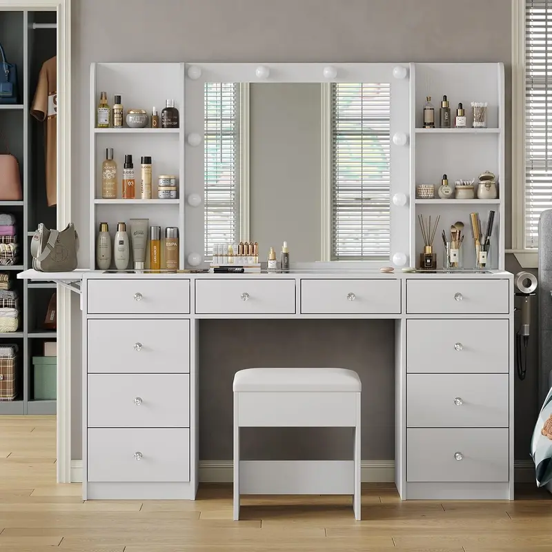 FUSOU 55" W Vanity Desk with Power Outlet, 10 Drawers Makeup Vanity with Mirror and Lights, Glass Top Vanity Set for Bedroom