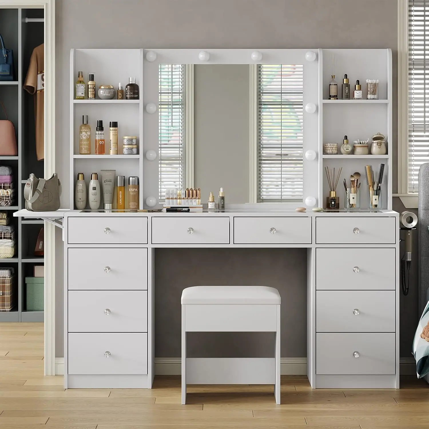 FUSOU 55"W Vanity with Power Outlet, Vanity Desk with Mirror and 10 LED Lights, 10 Drawers Makeup Vanity with 6 Shelves, Fold-up Panel, Vanity Table w