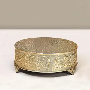 Metal 14" Round Cake Pedestal Stand Matte Gold - Cupcake Dessert Display Riser with Intricate Embossed Design for Upscale Events & Gatherings