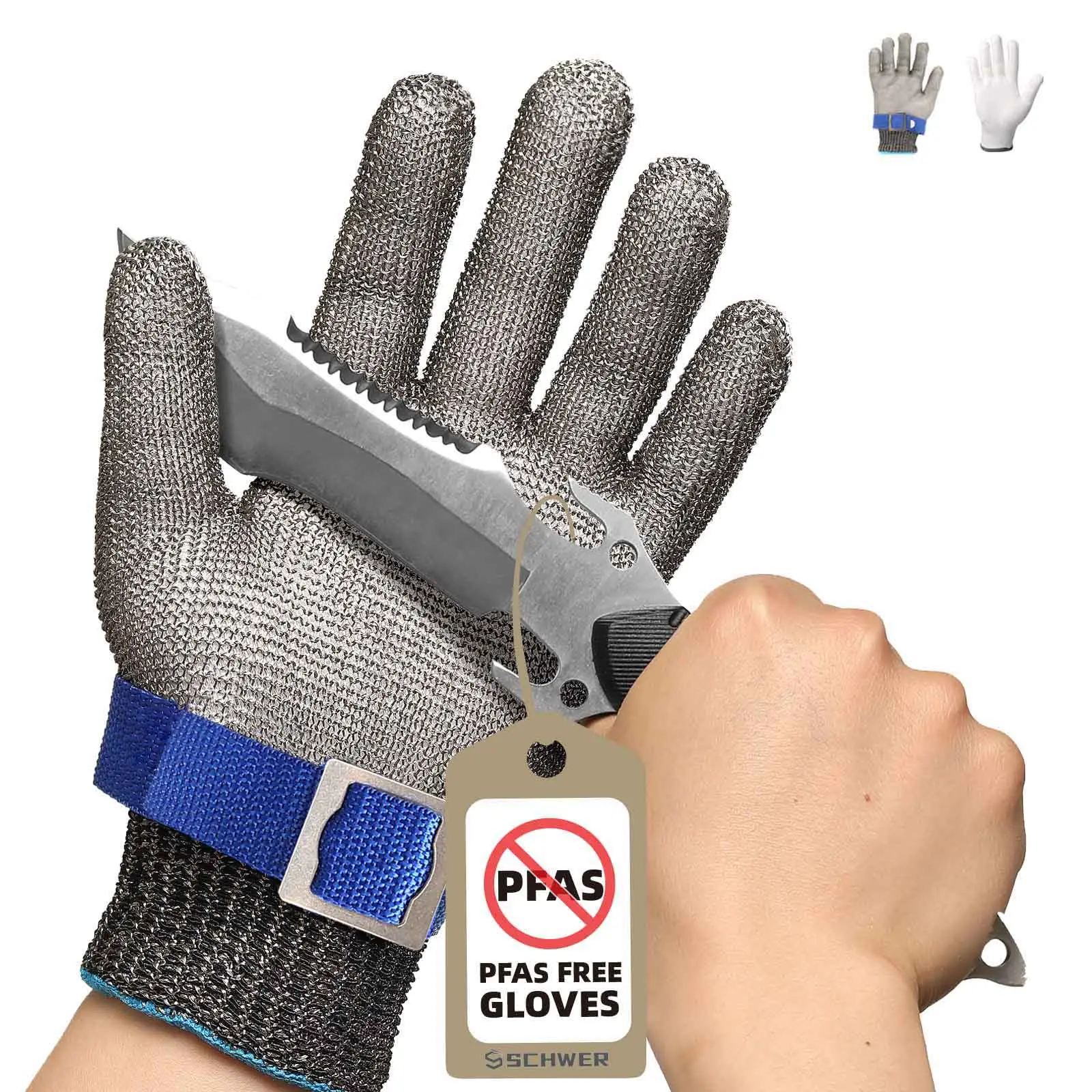 Schwer SlicePro ANSI A9 Cut Resistant Glove PR1706, Stainless Steel Mesh Metal Glove, Food Grade for Kitchen Cooking, Butcher Meat Cutting, Oyster Shu
