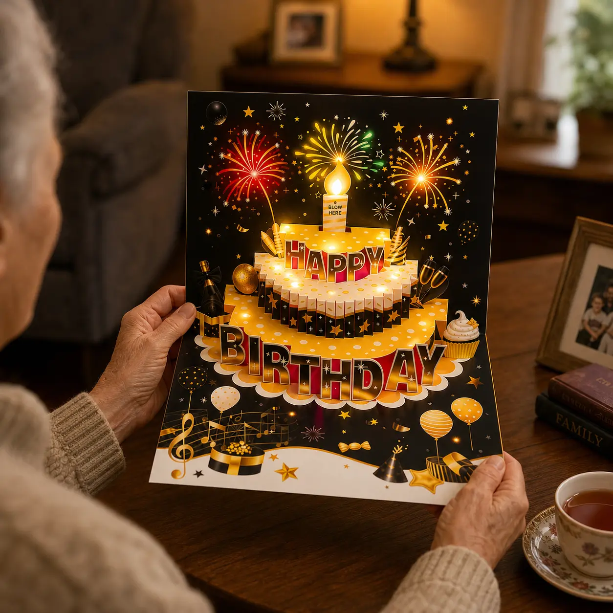 Luxury Black & Gold 3D Pop-Up Music Greeting Card - Heavy-Duty Office Stationery Gift with Gold-Foiled Invitation Envelope, Interactive Candle, LED Lights, High-Fi Sound - Elegant Keepsake for Father, Boss