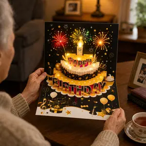 Luxury Black & Gold 3D Pop-Up Birthday Card - Elegant Musical Keepsake with Gold-Foiled Envelope, Interactive Candle, LED Light Show - Premium Office Stationery Gift for Boss