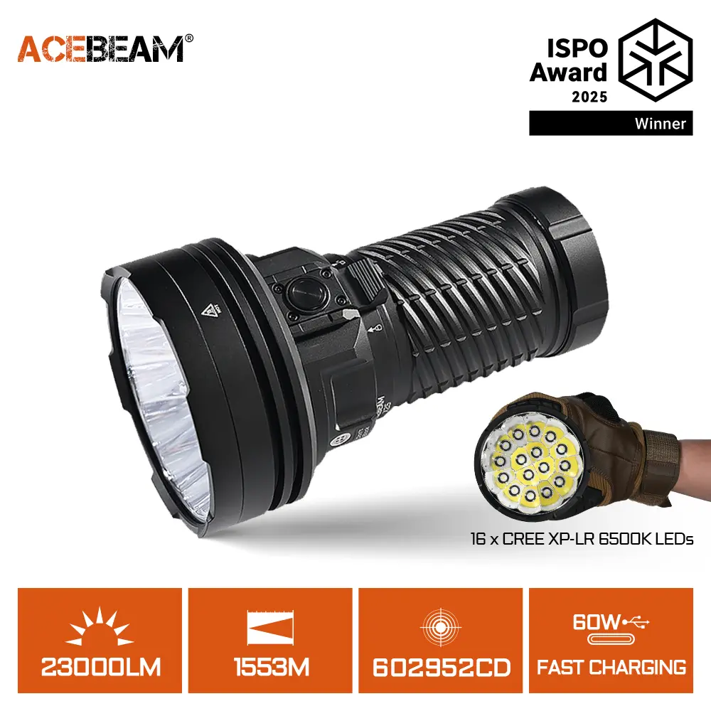 ACEBEAM X25 Tactical Flashlight, Rugged High-Power 22,000 Lumen LED with 1505m Long Range Beam & RGB Modes, USB-C Fast Charging Lithium-Ion Battery, IP68 Waterproof for Search & Rescue, Led Light