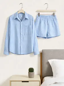 Men Women Casual Long Sleeve Striped Shirt Set, Elastic Waist Pocket Design, All-Season Wearable Sleepwear & Daily Pajamas Sleepwear, Sleep Pajamas Shorts, Loungewear, Soft Casual Pajamas