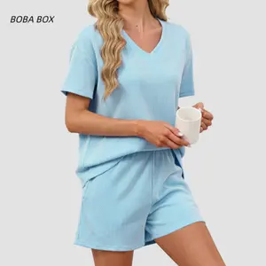 Women's 2 Piece Sets Ribbed Textured Knit Casual Short Sleeve Shirts Shorts Two Piece Lounge Matching Set for Spring Summer Fall Soft Womenswear