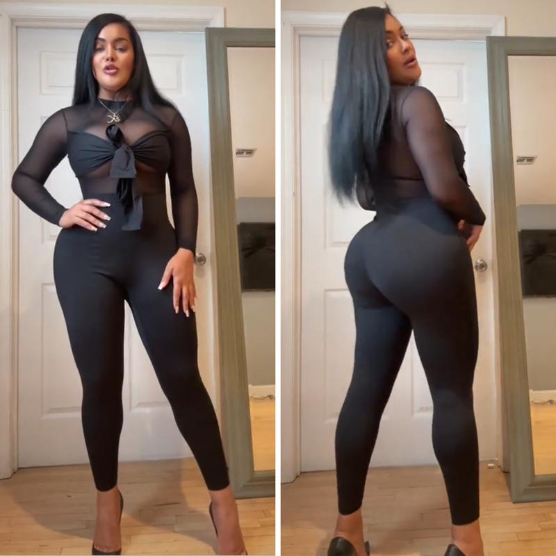 SHAPESHE Women's Jumpsuit with Long Sleeve Black Bow Mesh See-through Bodysuit for Outing SHAPESHE Women's Jumpsuit with Long Sleeve Black Bow Mesh See-through Bodysuit for Outing