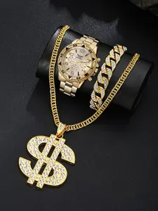 Men's Watch & Cuban Chain Bracelet & Necklace Set, Fashion Watch Set for Party, Daily Clothing Decor, Trendy All-match & Exquisite Watch Set for Birthday Gift