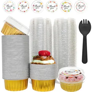 100 count Aluminium Foil Baking Cups, Mini Cake Pans with  and 100 count Spoons, 5 oz Disposable Baking Cups Foil Ramekins For Party Birthday Wedding Valentines ()