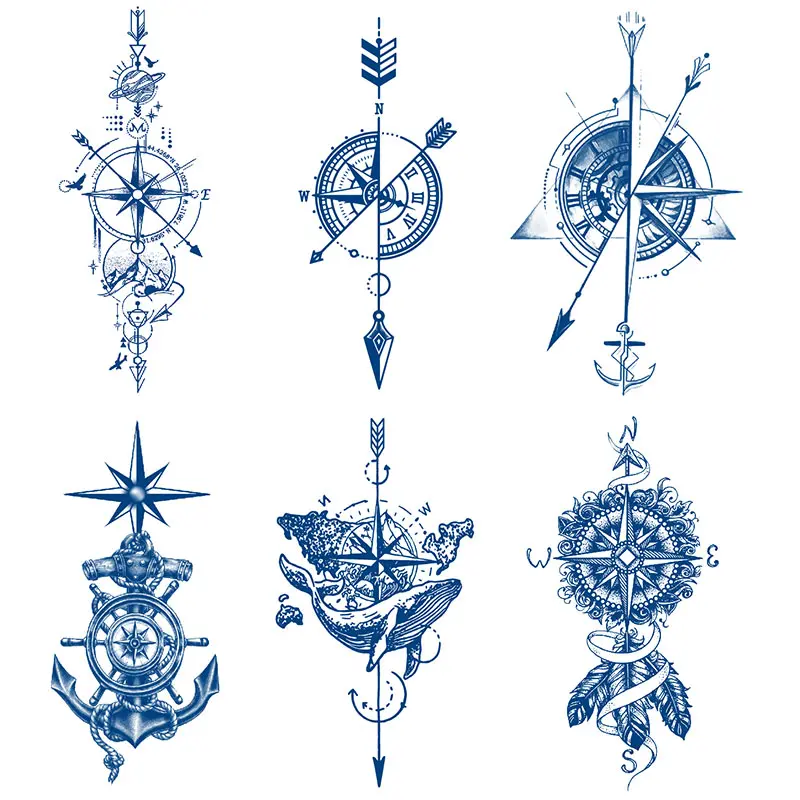 6 Piece Viking Compass Temporary Tattoo Stickers, Waterproof Herbal Juice Designs with Clock, Whale, and Anchor for Arms, Neck and Legs, Perfect Party Gift