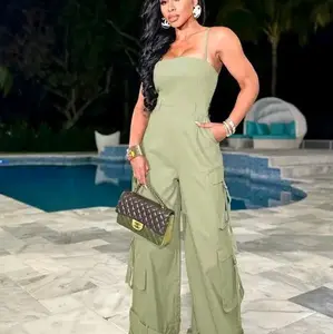Women's Wide Leg Causal Jumpsuit - Summer Collection - Overalls, Womenswear Lady Comfort Cargo Minimalist Adjustable Strap