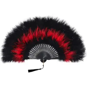 Marabou  Fan 20s  Folding Fan Flapper Hand Fan for Costume Dancing Show  Party Wedding Decoration (Black&Red-Black Rib)