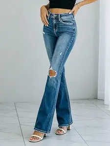 Women's Stretch Ripped Boot Cut Jeans, High Waist Distressed Flare Jeans with Knee Rips Vintage Blue Wash