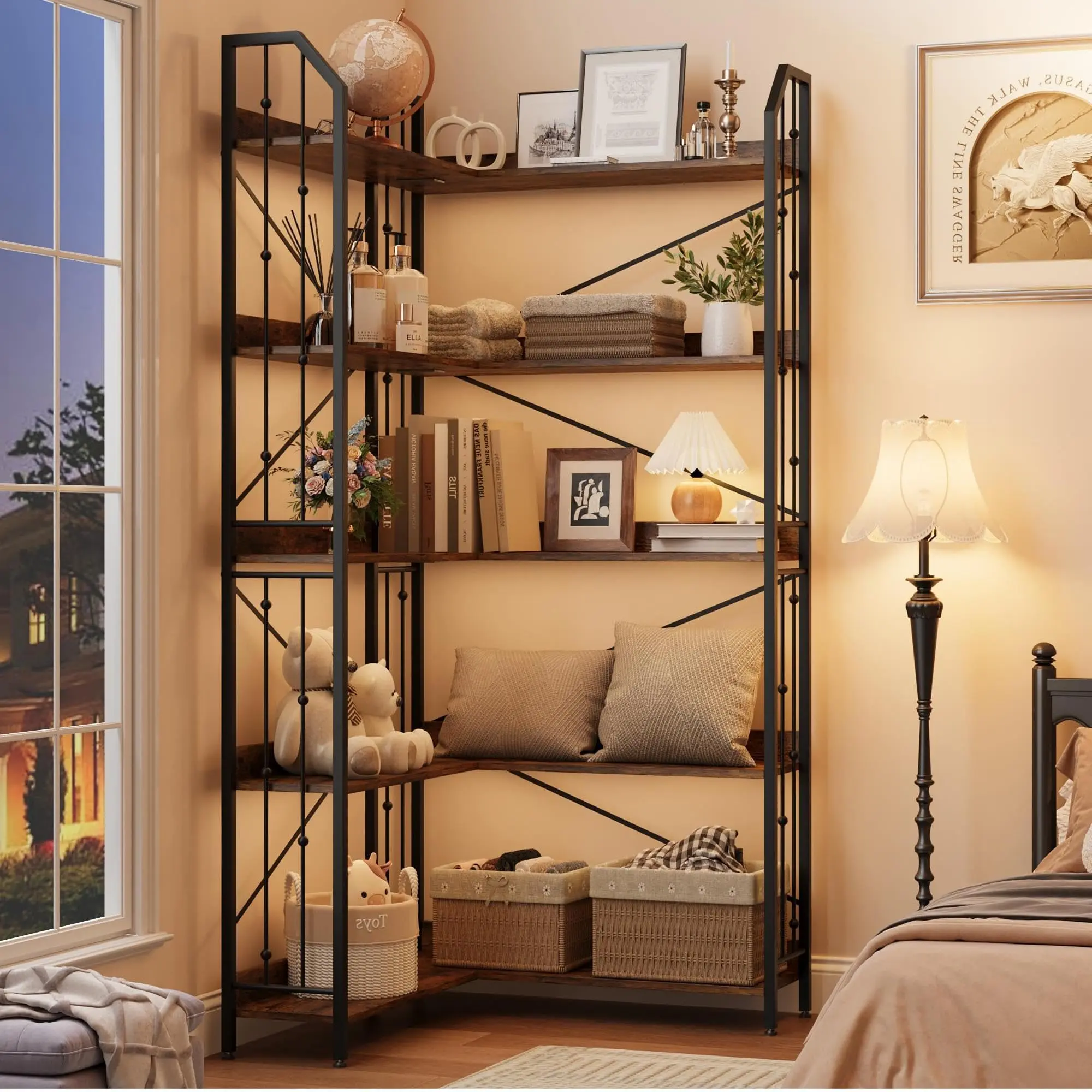 GAOMON 72" 5-Tier L-Shaped Corner Bookshelf, Industrial Open Bookcase with Beaded Design – Tall Storage Display Rack for Living Room & Bedroom, Black Retro