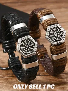 Viking Vegvisir Leather Bracelet for Men  Nordic Rune Amulet, Braided Leather Cuff, Waterproof Wristband for Outdoor & Everyday Wear