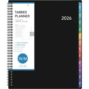 2026 Planner - Planner 2026 Weekly and Monthly, 9" x 11", Large, Jan 2026 - Dec 2026, 12 Monthly Tabs,  -Wire Binding, Inner Pocket, Hardcover, Black