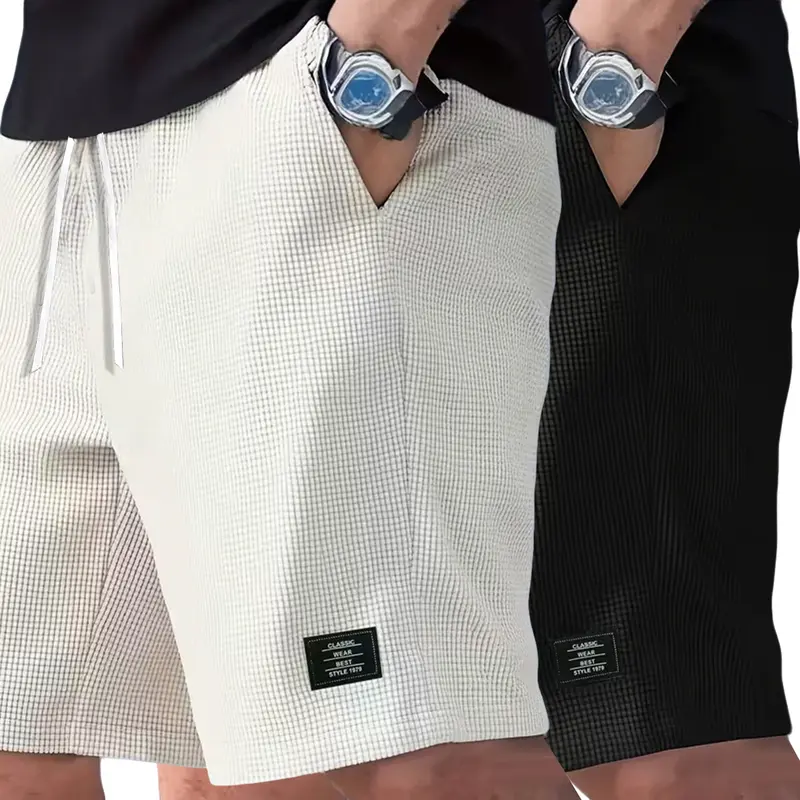 Men’s 2-Pack Fitted Corduroy Shorts - Washable, Casual Street Style, Solid Beige, Drawstring Elastic Waist, Side Pockets, Straight Inseam, Suitable for Everyday Wear & Vacations, Wash Men's Shorts