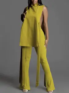 Two-piece Set Women's Solid Knot Tank Top & Flare Leg Pants Set, Summer Clothes Women, Sleeveless Stand Collar Top & High Waist Bell Bottom Trousers, Casual Summer Outfits Set for Ladies Outdoor Holiday Vacation, Outfit Sets for Women