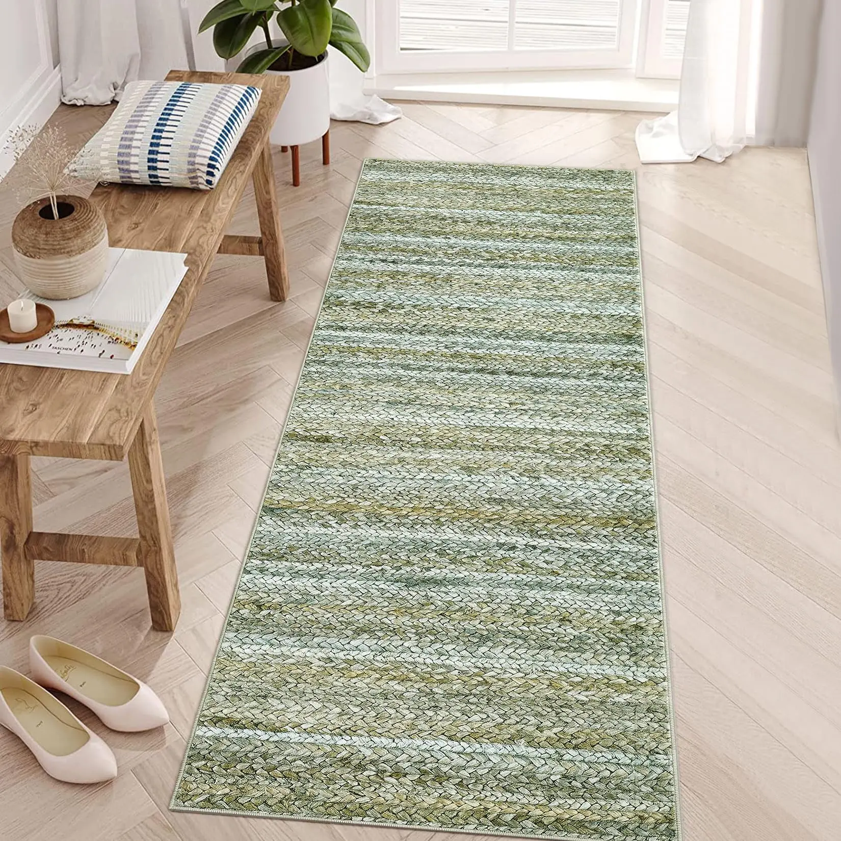 【GARVEE】Runner Rug 2x6 Rug Washable Rug with Rubber Backing Modern Printed Braid Rug Ultra-Soft Low Pile Rugs Farmhouse Carpet for Living Room Bedroom, Green Camel/ 2'x 6'
