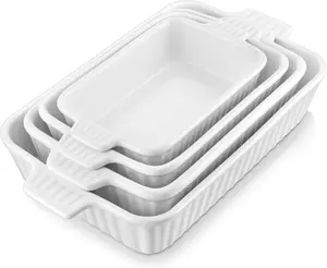 Casserole Dishes for Oven, Porcelain Baking Dishes, Ceramic Bakeware Sets of 4, Rectangular Lasagna Pans Deep with Handles for Baking Cake Kitchen, White (9.4"/11.1"/12.2"/14.7"), Series