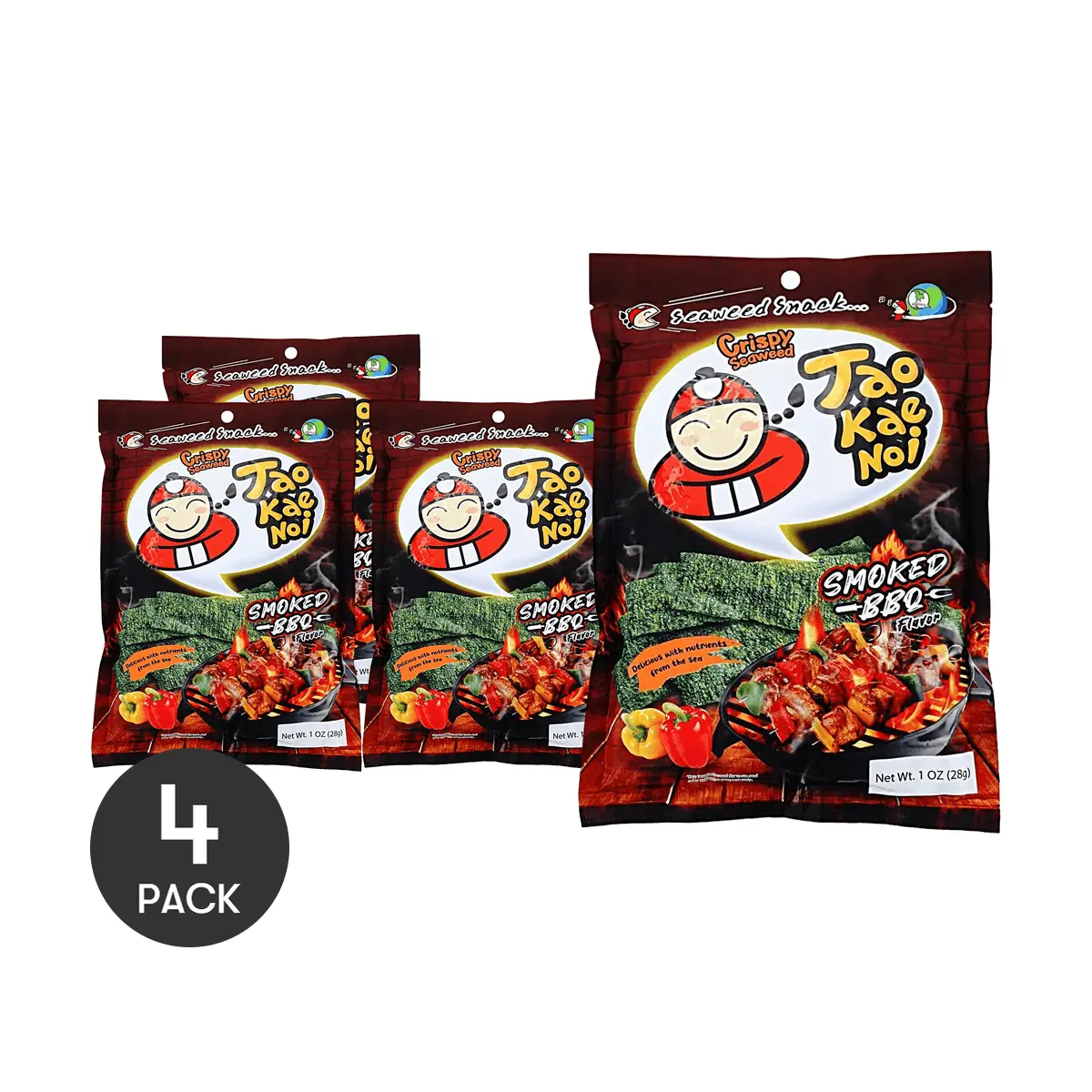 4 Pack Tao Kae Noi Crispy Seaweed Snacks, Smoky BBQ Flavor, 28g Each - Authentic Thai Snack, Savory & Crunchy
