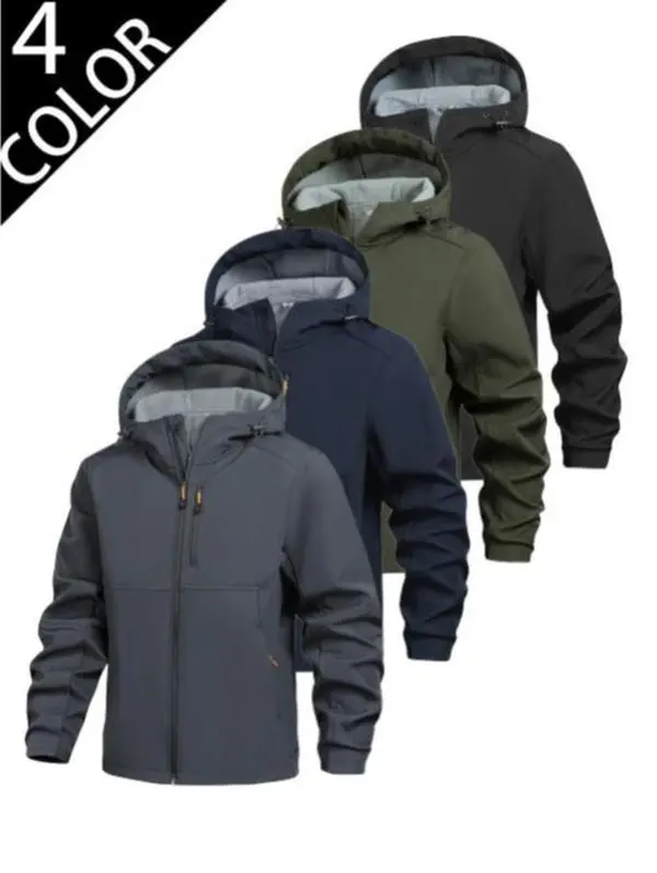 Male Fleece-Lined Softshell Hooded Jacket - Polyester Outdoor Wear, Single Layer Windproof Water-Resistant Coat for Hiking, Daily Casual Use, Mountaineering, Chilly Gust Protection, Comfortable