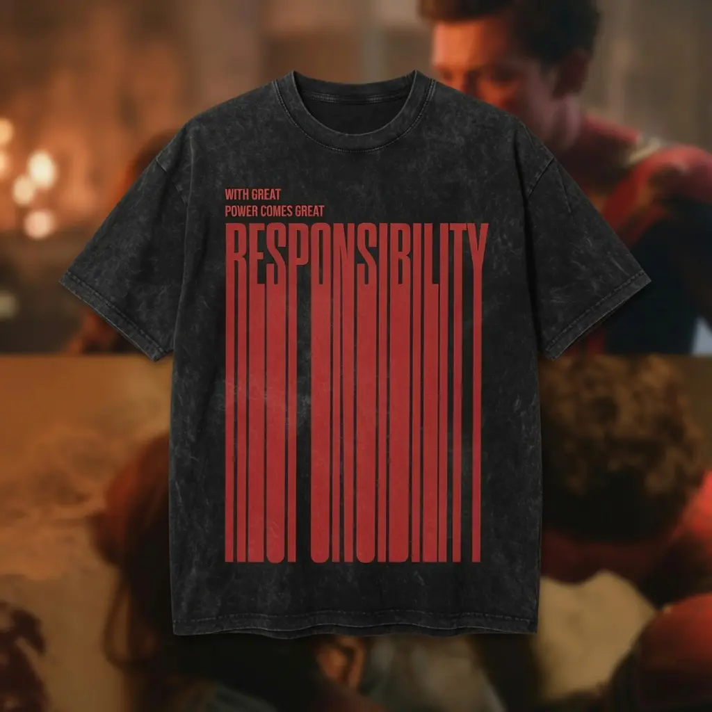"With Great Power Comes Great Responsibility" acid wash T-Shirt Oversized Streetwear Heavy Cotton Unisex Casual Top Perfect Gift For Supervillain Fans And Grunge Style Lovers