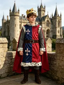 Century Royal Classic Costume, Blue Colorblock Robe with Faux Fur Trim, Gold Crown and Iris Emblem, Perfect for Theme Parties and Role Play