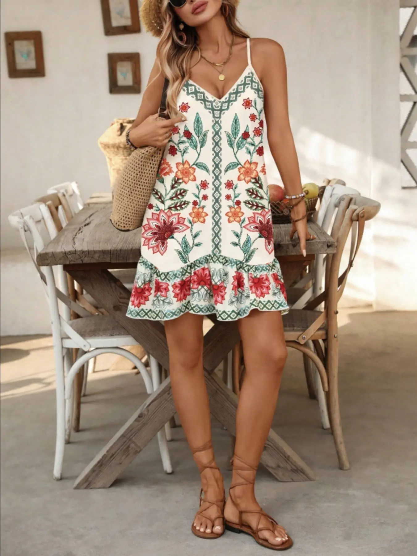 Floral Geometric Print Bohemian Dress, V Neck Strappy Design, Ruffled Hem, Perfect for Casual Wear, Unique Fashion Statement