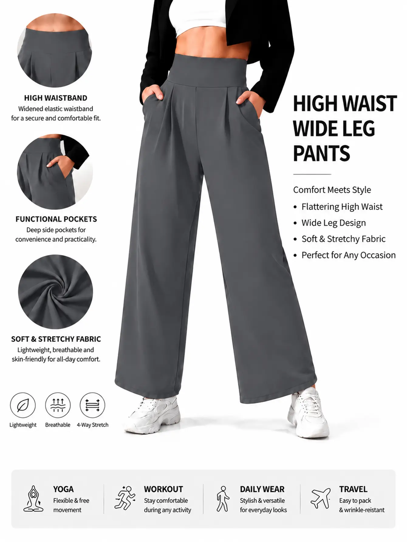 Women's Chic High-Waist Pleated Straight Leg Yoga Pants with Pockets, Quick-Dry Fabric, Thigh-Slimming Design for Sporty & Daily Wear, Practical Flexible Yoga Attire., Polyester Clothes, Yoga Wear