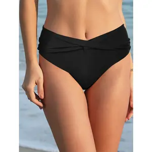 Women's V-Cut Mid Waist Bikini Bottoms, Ruched Twist Front Swimsuit for Women 2026, Sexy High-Cut Bathing Suit Bottoms Black