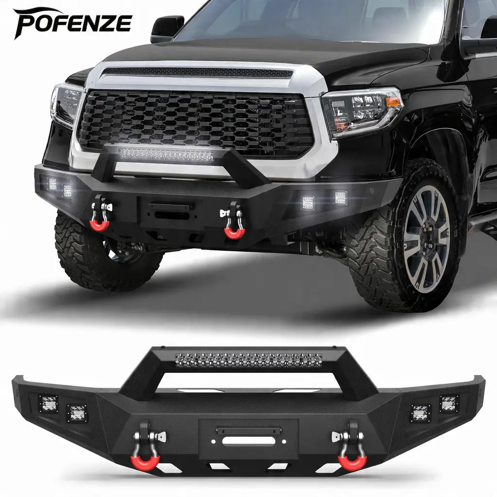 POFENZE-NADIA Ror Front & Rear Bumpers Set - Custom Fit for 2014-2021 Toyota Tundra, with 12000 lbs Winch Plate, D-Rings, 120W LED Spotlight, License Plate Bracket, Backup Sensor Holes, Detachable Elements, Easy Bolt-On Setup