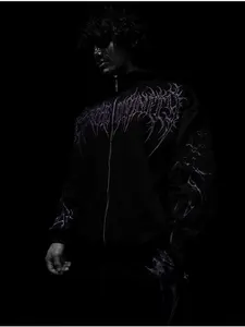 1 Piece Thorn Metal Font Print Stand Collar Zip-Up Men's Jacket, Gothic Hardcore Style, Heavyweight Loose Fit Coat, Perfect for Streetwear & Gym Casual Wear
