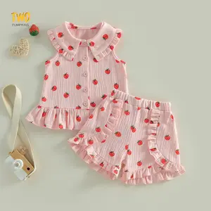 Little Girls 2 Piece Outfits Adorable Strawberry Print Sleeveless Doll Collar Tank Tops and Shorts Set