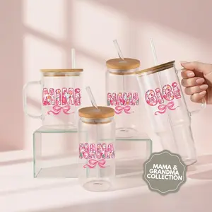 Pink Bow Mama, Gigi, or Nana Glass Tumbler with Handle, Lid and Straw
