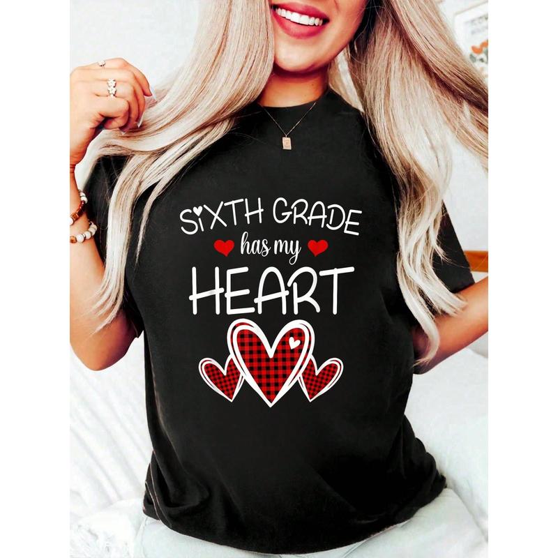 6th Sixth Grade Has My Heart Buffalo Print Teacher Valentine T-Shirt For Men Women Women Clothing Women Clothes Black Top Graphic Tees