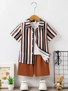 Boys' Striped Short Sleeve Shirt & Shorts Set, Casual Preppy Style, Collared Button Front, Elastic Waistband, Perfect for Kindergarten, Clothes Kids