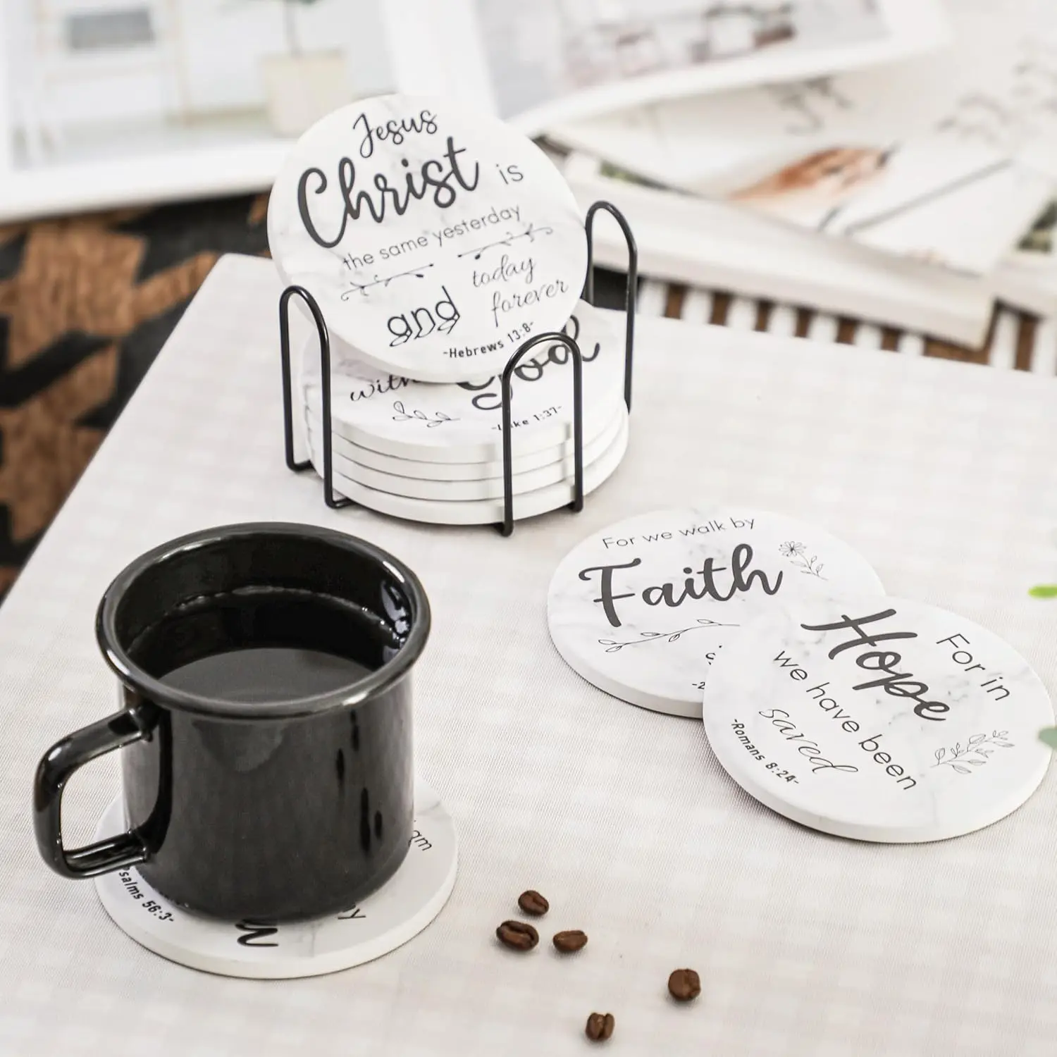 Absorbent Ceramic Coasters with  Verses, Set of 8 Drinks Coasters with Holder for Christian Home Decor, Christian Gifts for Women, Coasters for Drinks, 4 Inches