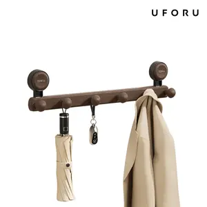 UFORU  Suction Cup Coat Rack for Wall, No Drill Towel Hook Rack with 5 Pegs, Reusable Wall Mounted Hooks, Wood Grain Hat Rack for Bathroom, Entryway, Bedroom, Door, Jackets, Towels, Bags and Keys summerwins