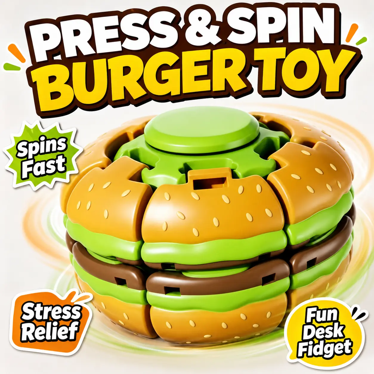 Hamburger Press & Spin Fidget Toy, High-Speed Rotating Stress Relief Sensory Desk Toy, Pocket-Size Fun Gift