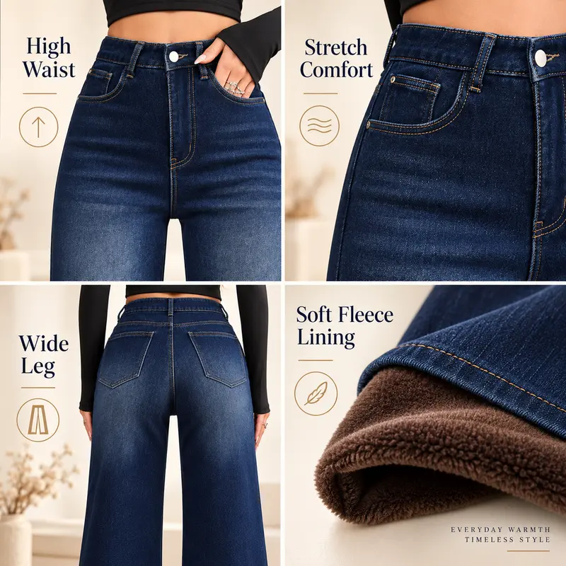 Women’s High-Waist Wide-Leg Fleece-Lined Denim Pants - Everyday Streetwear, Warm Thermal Casual Full-Length Loose Bottoms with Pockets for Fall Winter Cold Weather Outfits
