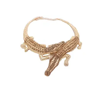 Women Gold Crocodile Alligator Necklace - Fashion Jewelry Metal Chain Statement Look