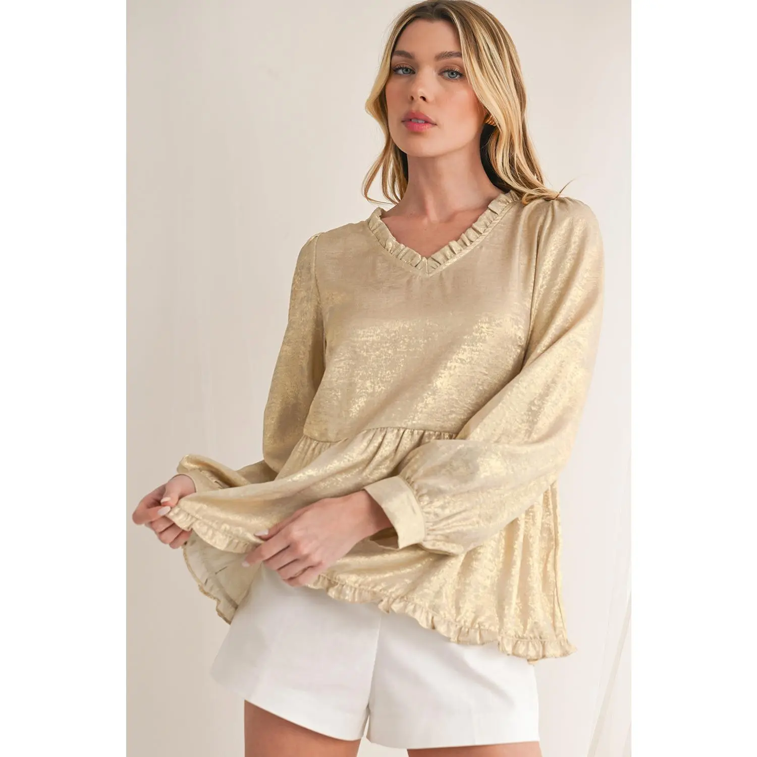 Gold Metallic Velvet Frill V Neck Puff Sleeve Babydoll Blouse
