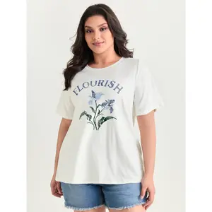Women's Plus Size Short-Sleeve - Fabric Floral Embroidered T-Shirt - Flattering Fit Garment, Size S-XXXL, 2026 Summer Vibes