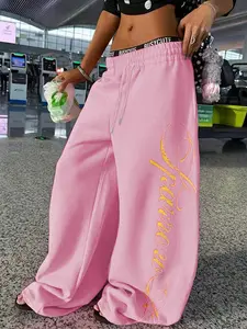 Women's Letter Print Wide Leg Pants, High Waist Drawstring, Fitted Street Style, Fall & Winter Fashion, Casual Sporty Joggers