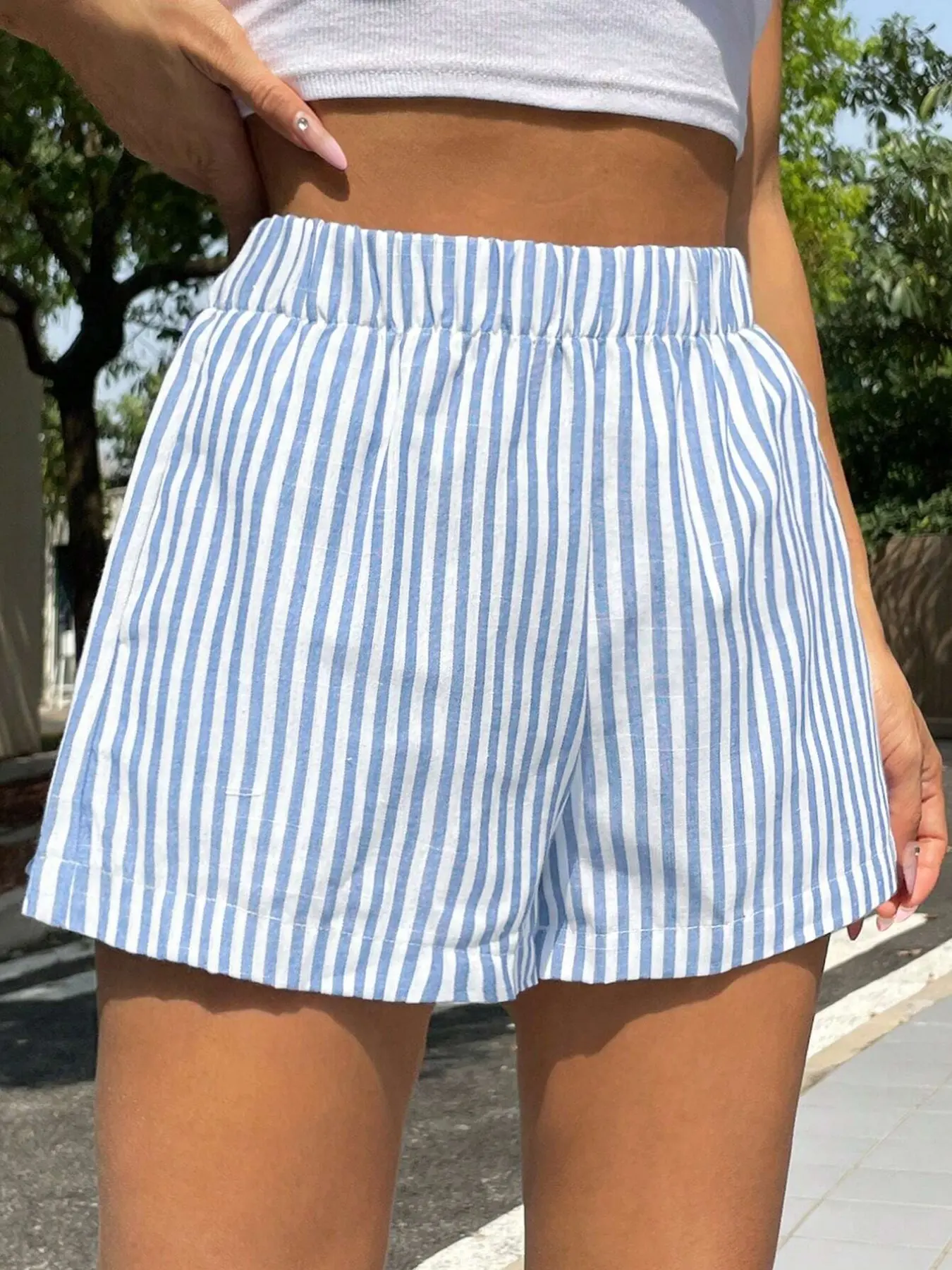 Coastal Aesthetic Blue and Striped Linen Blend Shorts Bottom, Casual Summer Bottoms, Womenswear Summer Beach Vacation & Casual Home Wear, Soft Breathable Lightweight Elastic for Picnics & Brunch Outings
