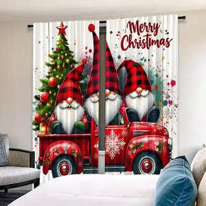 Christmas Truck Christmas Tree Print Curtain Set, Window Curtain, Cute Holiday Style, 2-Piece, Suitable for Living Room and Bedroom Decor