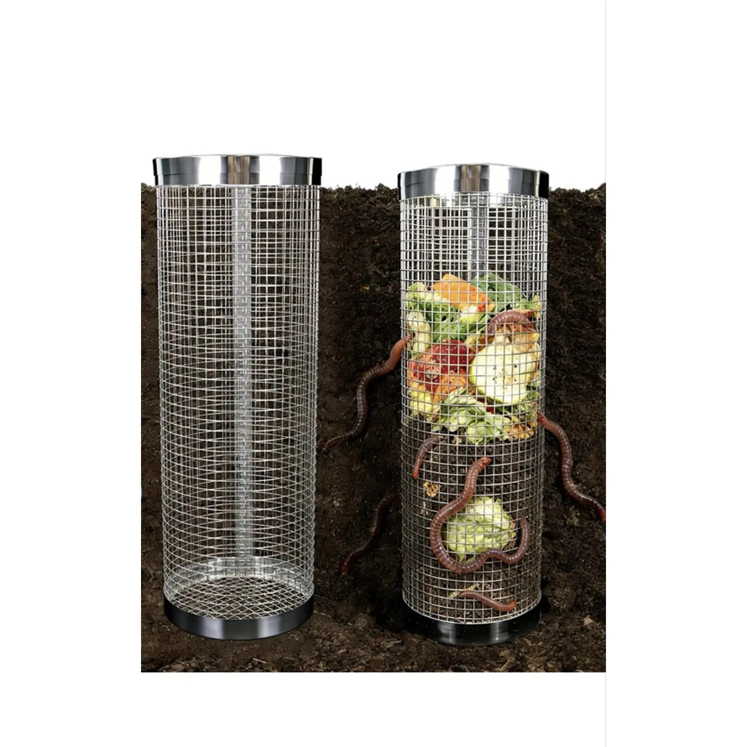 2 Pack Underground Worm Composting Bin with Gardening Gloves Small Round Metal Stainless Steel Composter for Family Garden Outdoor Compost Bins