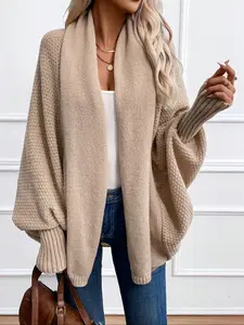 Women's Casual Knitwear Knit Sweater Coat, Winter Open Front Cardigan, Long Sleeve Drop Shoulder Design, Warm Fashion Outerwear for Ladies